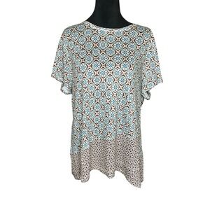 J. Jill Love Linen Short Sleeve Medallion Print Boho Linen Asymmetrical Tee LG